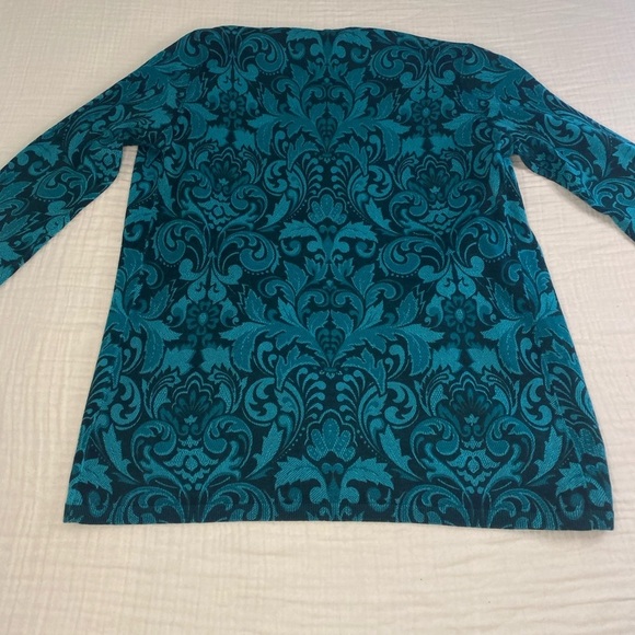 Talbots Green Teal Paisley Merino Wool Long Sleeve Open Cardigan Sweater Small - Picture 9 of 12